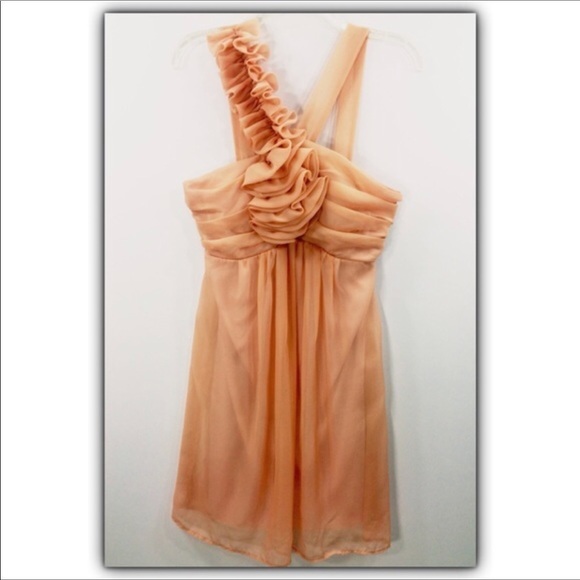 Mystic frilly ruffle trim shoulder sheer peach overlay cocktail dress size L - Picture 3 of 7